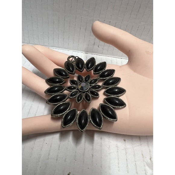 Pendant For Necklace Black Beads Silver Tone Blooming Flower Petals 2.5 " - Picture 12 of 15